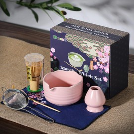 Dnnnii - Juego de batidor matcha de cerámica, 7 piezas, incluye tazón de matcha, batidor y soporte, cuchara de bambú, reposapiés, tamiz y toalla de té, amante de la matcha, regalo para familia/amigo
