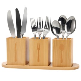 BigKing 3-Piece Cutlery Tray Wooden Cutlery Holder Wooden Cutlery Utensil Holder Kitchen Utensil Holder for Kitchen Cutlery Stand for Dining Table Decoration Cutlery Container with Drainage Hole (Wood