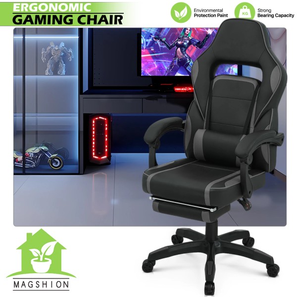 Magshion Grey Leather Racing Gaming Chair Office Computer Swivel Seat