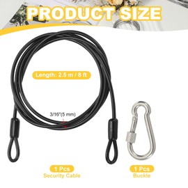 PATIKIL Security Cable 8 ft x 3/16" (5mm), Braided Stainless Steel Coated Safety Wire Rope with Double Loop for Travel Luggage Bicycle Lock Cable, Black