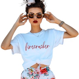 Firecracker 4th of July Shirt Women, Fourth of July TShirt Woman, Funny Patriotic Tee, 4th of July Outfit, Fireworks Memorial Day T-Shirts (S, 1 White)