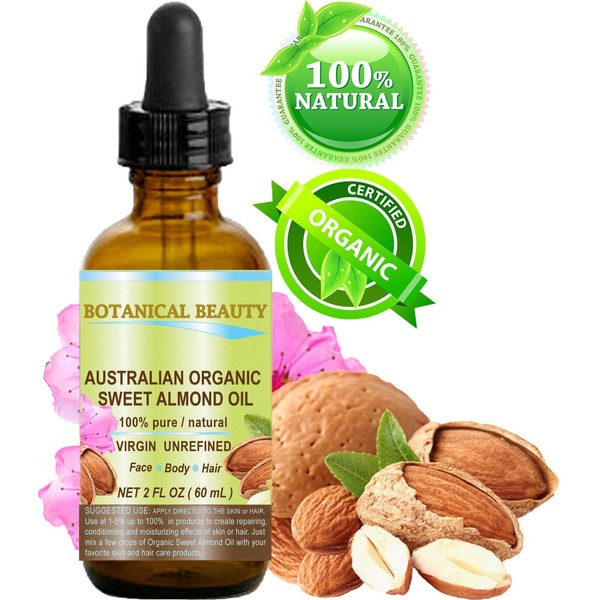 ORGANIC Sweet ALMOND OIL AUSTRALIAN 100% Pure/Virgin/Unrefined. 2 oz-60 ml. For Face, Hair and Body.