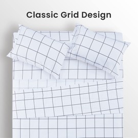 SLEEP ZONE Printed Plaid Queen Size Sheet Set 4 Piece - Double Brushed Microfiber Super Soft Breathable Bedding Sheets with 16 inch Deep Pocket (Black Grid Printed on White)