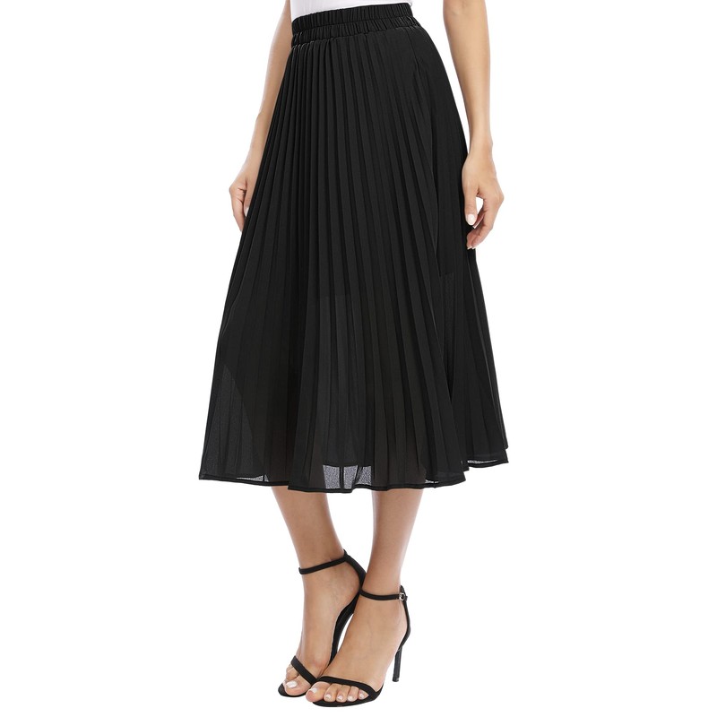 EXCHIC Women's Casual Chiffon Elastic Waist One Line Pleated Midi