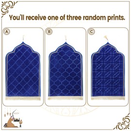 Muslim Prayer Rug Gold Rimmed Soft Thick Flannel Prayer Carpet Mat 25.5x45 Inch One of Three Random Patterns, Blue