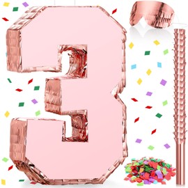 Number Piñata Rose Gold Piñata with Stick Blindfold Confetti, Princess Piñata for Girls Birthday Party Anniversary Celebration Decorations Supplies, 16 X 11 X 3 Inches(Number 3)