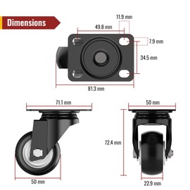 HOLKIE Castor Wheels without brake and No Noise Wheels 50mm Heavy Duty Castors for Furniture Total Capacity 250KG (pack of 4)