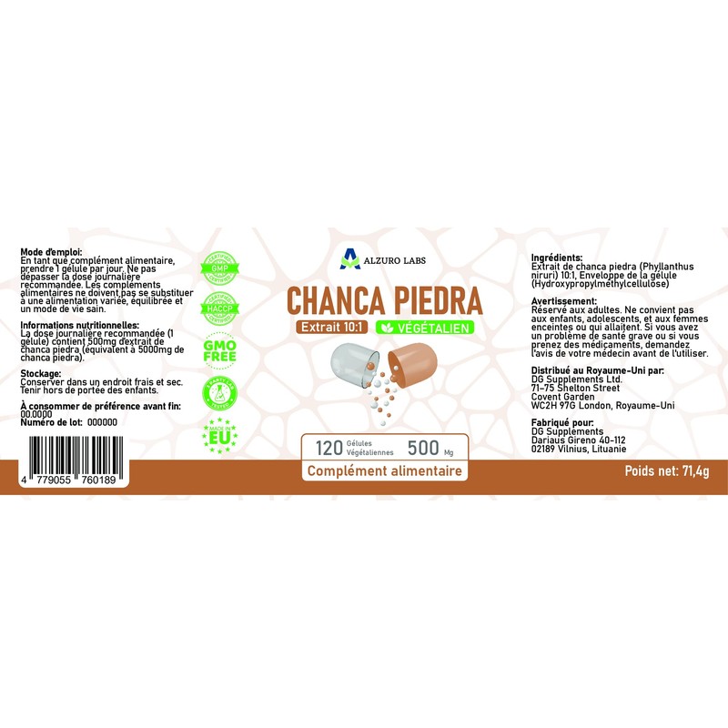 Alzuro Labs Chanca Piedra 5,000 mg Equivalent (500 mg 10:1
