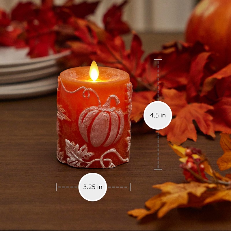 Luminara Embossed Leaves and Pumpkins Moving Flame Pillar Candle 3.25"