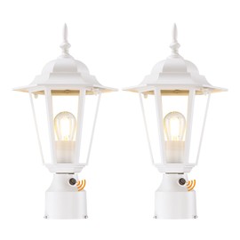 GRUENLICH Dusk to Dawn Outdoor Post Lights, Modern White Exterior Lamp Post Light Fixture, Anti-Rust Aluminum Pole Lantern for Garage Front Yard, 2 Pack