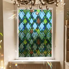 Runtoo Window Privacy Film Rainbow Lattice Window Clings 3D Decorative Vinyl Stained Glass Boho Decals Static Sticker Non-Adhesive, 15.75 x 40 inches