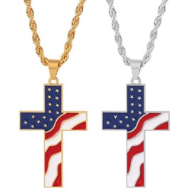 American Flag Cross Necklace for Men, Christian Religious Cross Necklace with 23.6” Chain, Crucifix Cross Amulet Necklace, Patriotic Necklace, Baptism Christian Jewelry, Flag Day for Men Boys (Silver)
