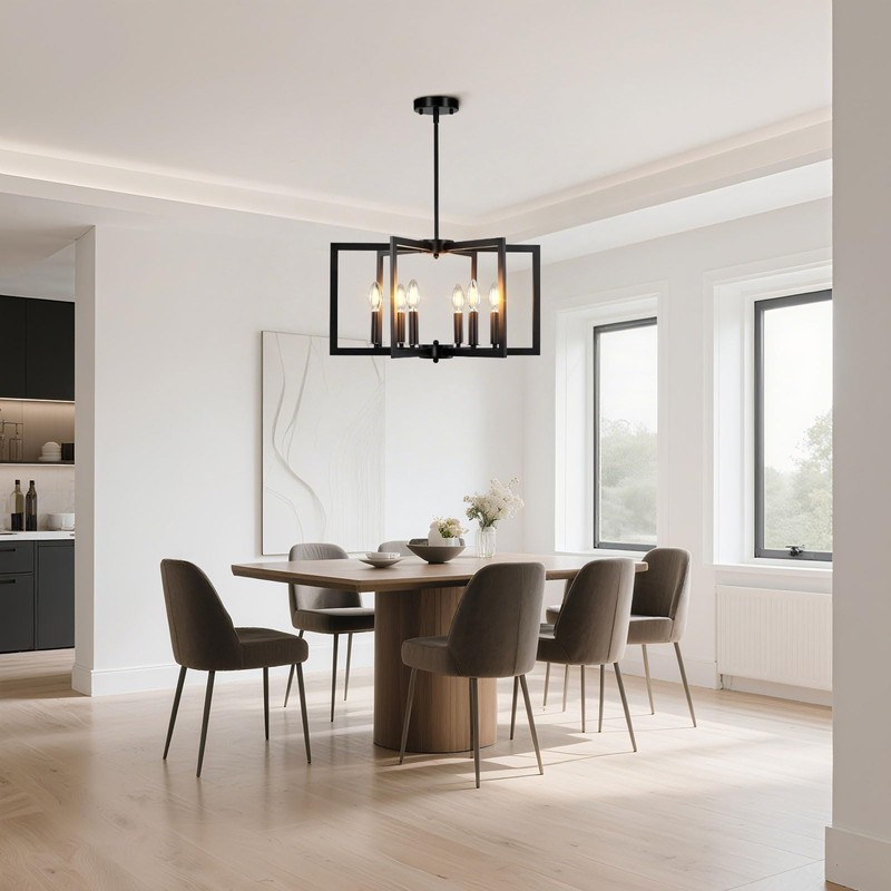LUMLLSAJI 6-Light Modern Black Chandeliers for Dining Room, Geometric Metal