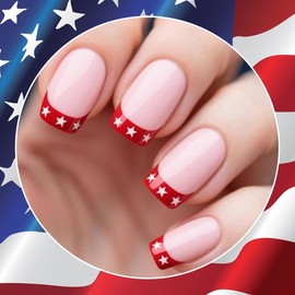 24Pcs 4th of July Press on Nails Short Fake Nails Red French Tip Nails Independence Day Designs Pink False Nails Glossy Patriotic Gel Acrylic Nails Short Glue on Nails Star Stick on Nails for Women
