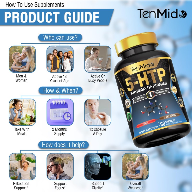 Tenmido 5-HTP & GABA Supplements - 4in1 with Vitamin B6,