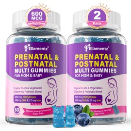 Prenatal Vitamins for Women, Prenatal & Postnatal Multivitamin Gummies w/ Methylfolate, Iron, Vegan Omega-3 DHA, Superfood, Probiotics & Choline for Before, During & Post Pregnancy, Sugar Free, 120Cts