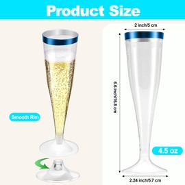Bgtecho 100 Pack Plastic Champagne Flutes, 4.5 Oz Clear with Blue Rim