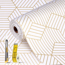 Shelf Liners for Kitchen Cabinets Non Adhesive Shelf Liner Paper Non-Slip Thickened Drawer Liner Easy to Clean for Tool Box Refrigerator with Knife and Tape Measure, Gold Geometric, 11.8 x 354.3 in