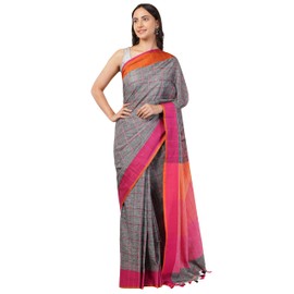 Mela Bazaar Checks Cotton Linen Saree/Fall and Tassels Attached/Blouse Fabric Included/Bhagalpur Linen Saree (Gray)