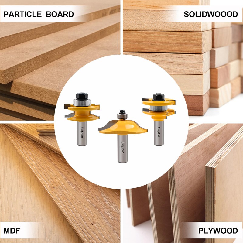 Exqutoo 3PCS 1/2" Shank Router Bit Set, Raised Panel Cabinet