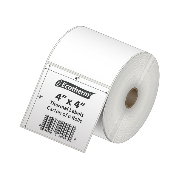4" x 4" Thermal Labels | 6 Rolls | 4200 Labels | fits Zebra, Munbyn, Rollo, Godex, Arkscan, iDPRT, Offnova Thermal Label Printers and More | Blank White Adhesive Stickers by Ecotherm