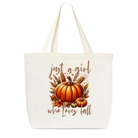 Dr.Baner Fall Tote Bag For Women, Cute Autumn Pumpkin Canvas Totes, Just A Girl Who Loves Fall Reusable Shopping Bag, Thanksgiving Gifts Bags For Friends Family (06)