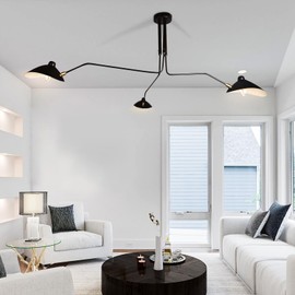 AFWAO 63" Mid-Century Modern Chandelier, Matt Black Adjustable 3-Arms Large Pendant Lighting Fixture for Bedroom Dining Room Living Room Kitchen Island 3-Light