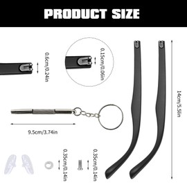 1 Pair of Glasses Arm Replacement, Eyeglass Arm Replacement, Universal, Suitable for Glass Sunglasses, with Screws, Washers, Screwdriver, Nose Pads (Black)