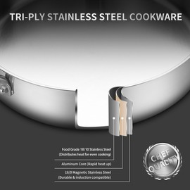 Yeksum 3 Ply Stainless Steel Pan 8" 10" 12", Stainless Steel Frying Pan Set, Large Frying Pan, Fast & Even Heating, Up to 650°, Oven & Dishwasher Safe,Compatible with All Cooktops