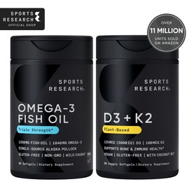 Omega-3 Fish Oil AlaskOmega 1250mg MSC-C-55162 (90 softgels) & Vegan D3 5000iu + Vitamin K2 100mcg (60 veggie softgels)