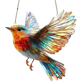 2Pcs Acrylic Hanging Garden Suncatcher, Large Robin Bird Pendant, Branch Robin Bird Suncatcher, Colorful Bird Ornament, Garden Hanging Ornaments, Stained Glass Effect Wall Hanging Decoration