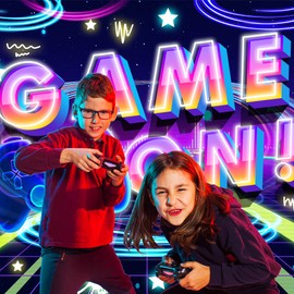 Newsely Neon Game On Backdrop 7Wx5H Photography Glow Gamer Gaming Game Night Controller Gamepad Purple Graffiti Background for Kids Boy Playroom Party Decorations Banner Photo Props Birthday Supplies