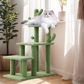 HOMBYS Cautus Cat Stairs for Old Cats & Dogs, Pet Steps for High Beds, Couch & Window,Vertical Cautus Green Cat Tree with Dangling Balls for Indoor Pets Climbing Playing, Holds Up to 150 Lbs,