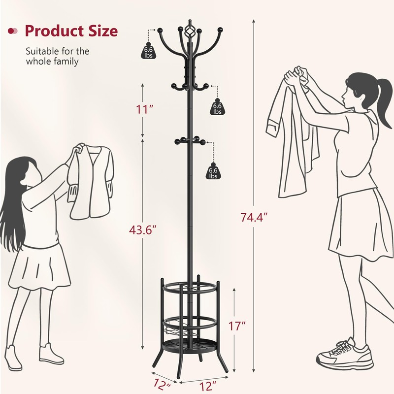 Tajsoon Coat Rack Stand with Umbrella Holder, Coat Tree Freestanding