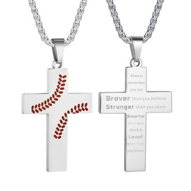 HattiDoris Baseball Cross Necklace for Men Inspirational Bible Verse Cross Pendant Stainless Steel Chain 22+2 inch Baseball Sports Jewelry Baseball Gift for Men Women(S-Brave Strong)