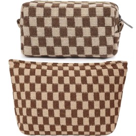 H HOME-MART 2 Pieces Checkered Makeup Bag Large Cosmetic Bag Capacity Canvas Mix Travel Toiletry Bag Organizer for Purse Portable Zipper Make Up Pouch Small Cosmetic Case
