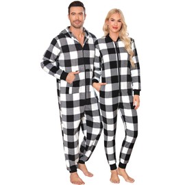 SWOMOG Couples Christmas One Piece Pajamas Sets Women & Men Fleece Winter Loungewear Zip-Up Jumpsuit with Pockets Pjs Men Big Black White Grid XX-Large