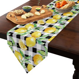 Linen Burlap Table Runner Spring Farmhouse Dresser Scarves, Yellow Lemon on Buffalo Plaid Table Runners for Family Dinner/Holiday Party/Events/Kitchen Dining Coffee Indoor Party, Black White 13x70In