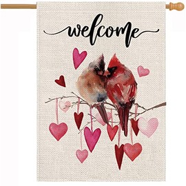 Welcome Valentine's Day House Flag Design for Cardinal Love Heart Vertical Double Sided Garden Flag Holiday Outside Yard Decoration Anniversary Wedding Farmhouse Valentines Day Decor 28 x 40 Inch