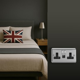 Varilight Double Switched Plug Socket With USB A+C Charging - Value Matt Chrome With Brushed Steel/Black Insert, XS5UACDB