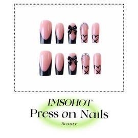 IMSOHOT Black French Tip Press on Nails Long Square Fake Nails - Bow, Heart, Rhinestone Designs, Full Cover Glossy Acrylic Glue on False Nails