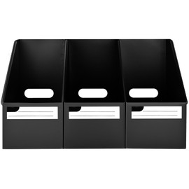 SAYEEC Black Plastic Magazine File Holder, 3 Pack Foldable Folder Holder with Labels, Vertical File Paper Organizer Magazine Storage Box Rack Book Bins for Desk, Shelves, Classroom, Office, Home