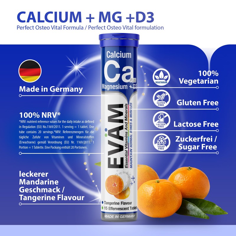 EVÄM Calcium Magnesium D3 Effervescent Tablets, Mandarin Flavour, 3 x