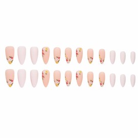 MERVF Almond Press on Nails Medium Fake Nails Flower French Tip Stiletto Glue on Nails Nude Spring Acrylic Nails Press ons Matte 24pcs False Nails with Floral Design