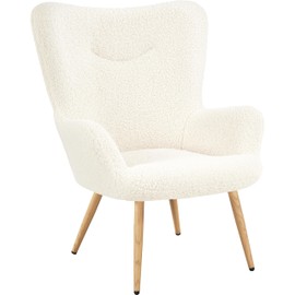 Yaheetech Boucle Vanity Chair, Modern Fluffy Accent Chair, Armchair with High Back and Wood-Tone Metal Legs, Downy Barrel Chair Soft Backrest for Living Room Bedroom Home Office, Ivory