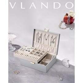 Vlando 2 Layer Jewelry Box Large Jewelry Organizer for Women Removable Jewelery Tray for Necklace Earrings Rings Bracelets Jewelry Boxes Christmas Birthday Gifts for Women(Grey)