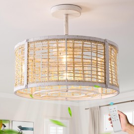 Beiduna 20Inch Rattan Caged Ceiling Fan with Light, Boho Rattan Fandelier Ceiling Fan with Light and Remote Control with Reversible 6 Speeds for Bedroom, Dining Room, Living Room, Nursery, E12 Base