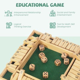 WOODENFUN 2-4 Players Shut The Box Game with 8 Dice Wooden Board Game Wooden Table Party Game Dice Game Math Games for Children and Adults