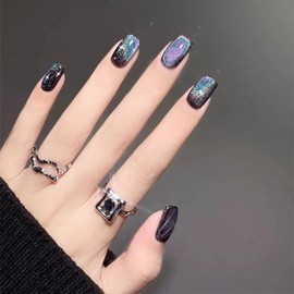 Black Press on Nails Short Square Fake Nails Cat Eye False Nails Press on Glossy Colorful Shiny Acrylic Nails Squoval Artificial Nails Full Cover Glue on Nails for Women Girls Manicure 24Pcs