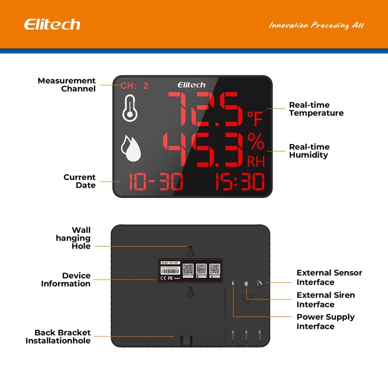 Elitech Digital Hygrometer Thermometer with 2m External Probe, Bluetooth Data